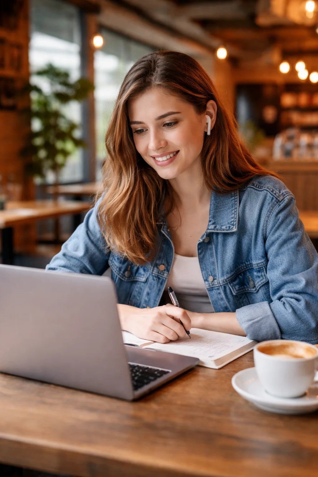 Estudiante de Formación Profesional trabajando con su portátil en una cafetería mientras estudia en modalidad online