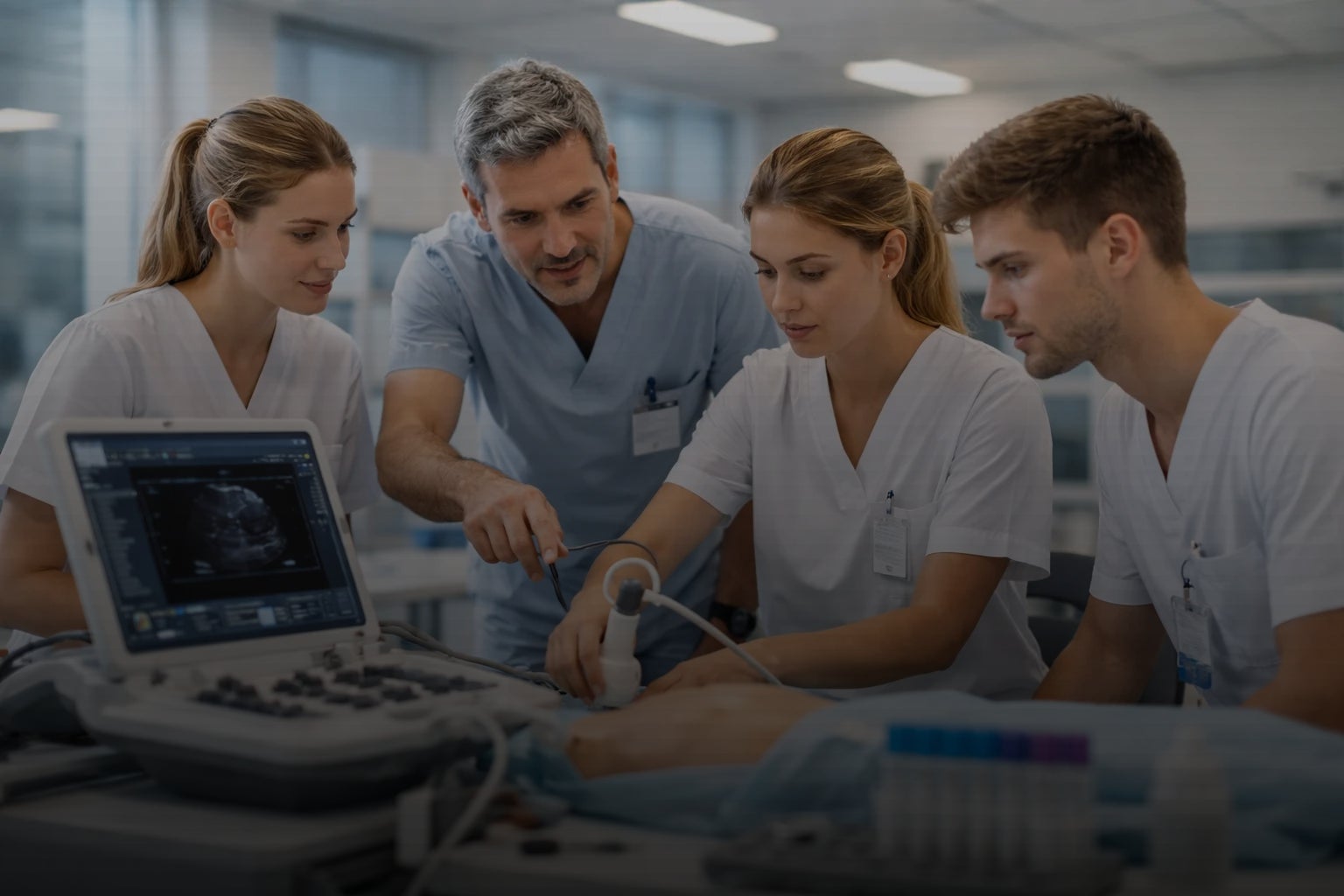 Estudiantes de FP en Salud realizando práctica con ecógrafo