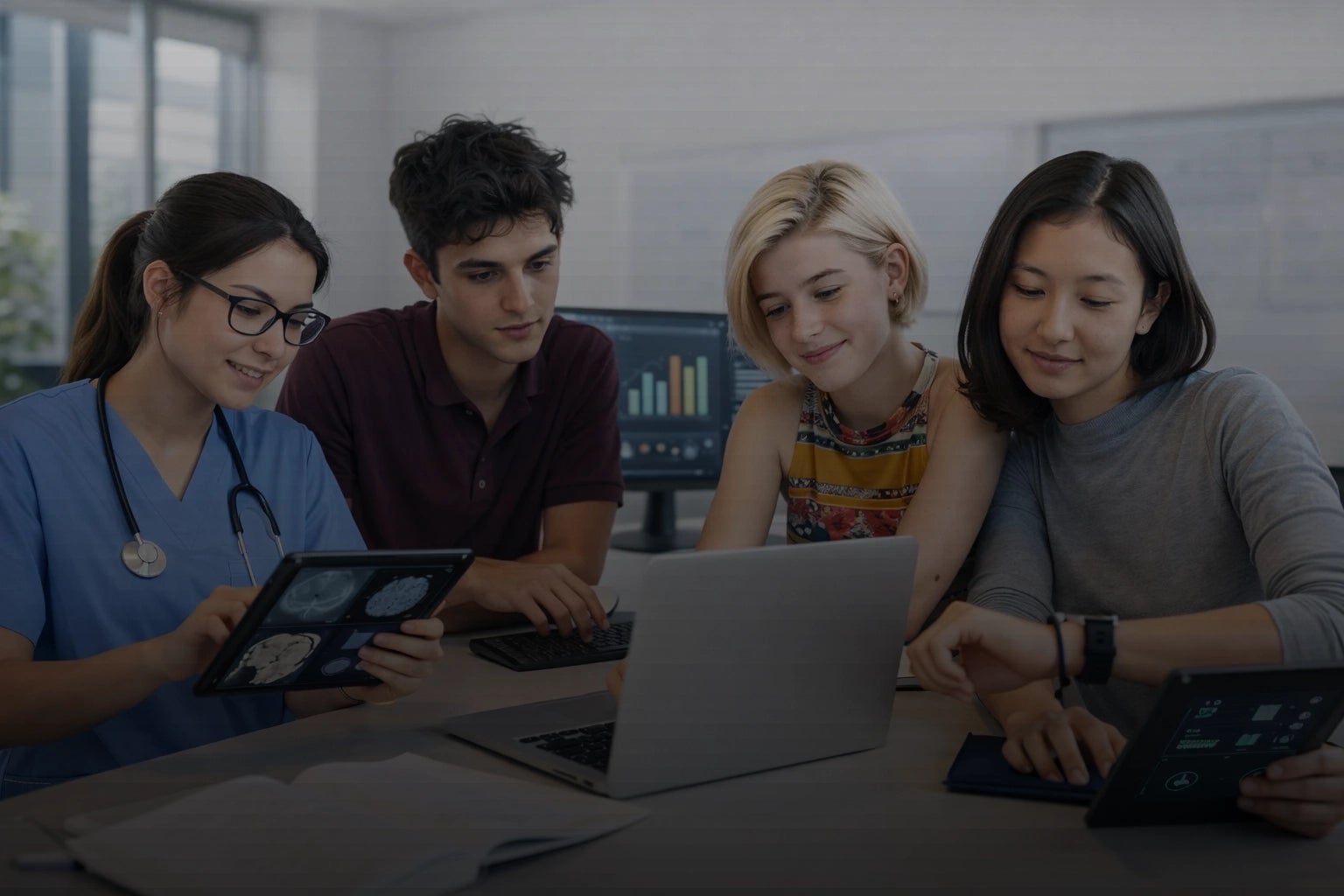 Estudiantes de FP trabajando con tecnología en aula moderna
