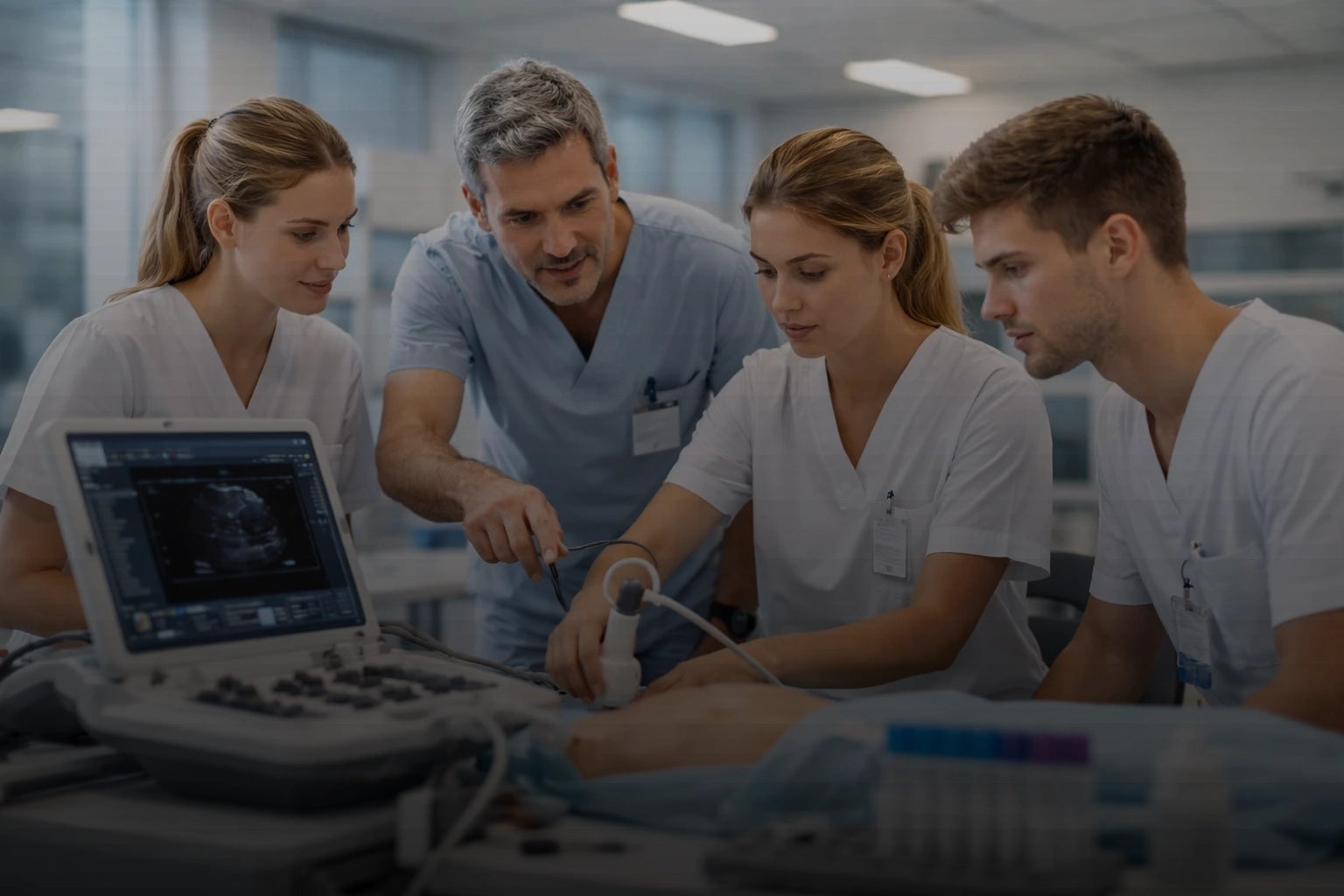 Estudiantes de FP en Salud realizando práctica con ecógrafo